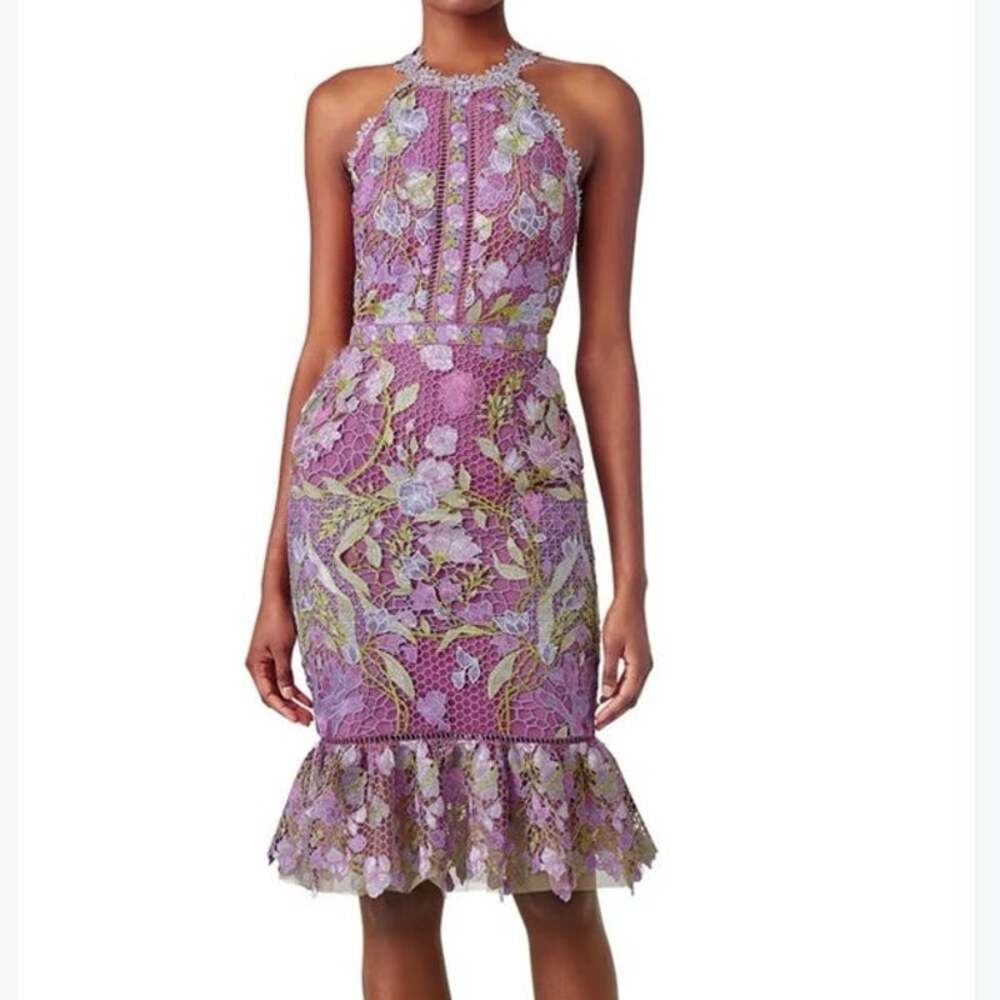 Marchesa Notte Purple Lace Flounce Sheath Dress size 12